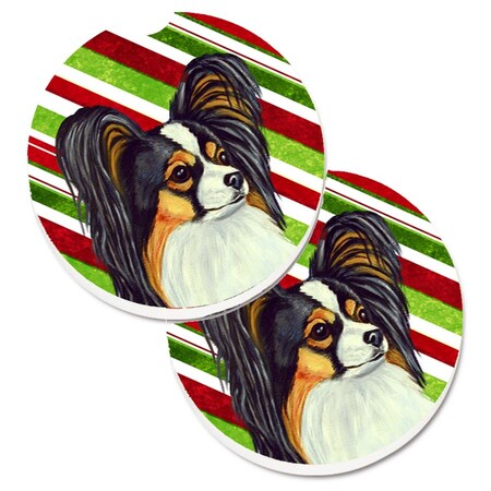 Carolines Treasures Papillon Candy Cane Holiday Christmas Set of 2 Cup Holder Car Coaster LH9255CARC